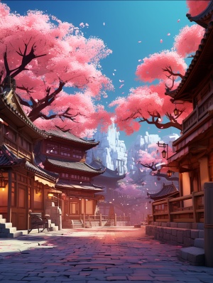 中国古典式街道，城市中粉色树木和房屋鳞次栉比的街道、美丽的动漫场景、动漫美丽的和平场景、美丽的动漫风景、动漫背景、动漫背景艺术、樱花季节、动漫电影背景、丰富多彩的动漫电影背景、动漫风景、街道两旁樱花林、樱花季节动态照明、樱花飘落、中国古典式街道、樱花树