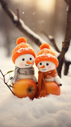 two snowmen in orange with orange apples in the snow, in the style of soft and dreamy depictions, stereoscopic photography, electric color schemes, porcelain, hd, oshare kei, cute cartoonish designs