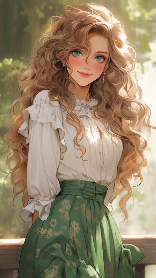西方玄幻小说诡秘之主中的美女，奥黛丽·霍尔，美丽可爱， 碧绿色大眼睛，金色长卷发，绿色长裙，面带微笑，西方庭院背景