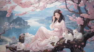 少女穿着白色连衣裙，花海，一堆猫，抓住重点，突出猫和少女，粉色樱花树，小道，秦淮河，王阳明，博物馆