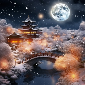 3d rendering of beautiful romantic snow scene,exquisite and beautiful snowflakes condensed into crescent shape,with moon halo,snowflake road with jiangnan water town night sky blooming beautiful firework,snow scene,snow,snowflakes,plum trees,houses hanging lanterns,many heartshaped crystal stones shining on the snow,light golden roses,very clear and beautiful,surreal,light golden color scheme,soft and clear edges,lighting effects,super beautiful,super high definition,super detailed,epic cg rendering,dreamy 