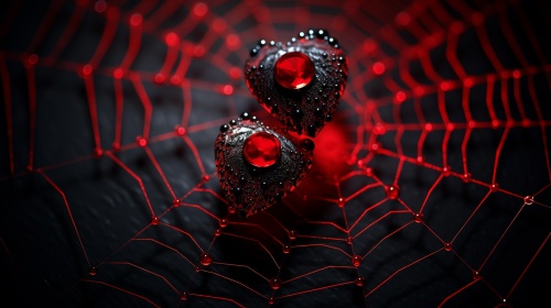 一张蜘蛛网上挂着两颗像心脏一样的红宝石