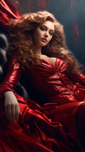 大红唇美少女，卷卷的飘逸长发，红色夹克衫，躺在亮晶晶的宝座上，插画，4K