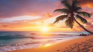 A serene beach at sunset, with golden sand stretching as far as the eye can see, gentle waves crashing onto the shore, a glowing orange sun sinking below the horizon, warm hues of pink and purple filling the sky, a solitary palm tree swaying in the breeze, fine art photography, shot with a wide-angle lens ar 16:9