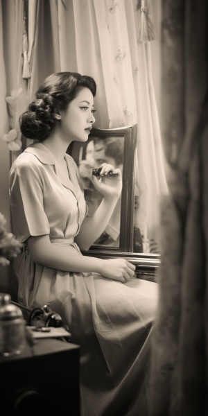 复古电影女明星在五十年代中国风格的卧室里照镜子