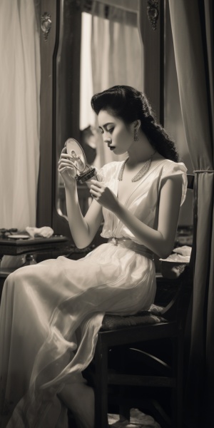 复古电影女明星在五十年代中国风格的卧室里照镜子