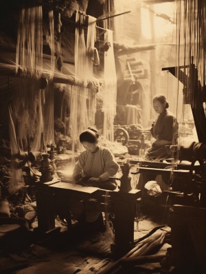 复古照片，1970年代老照片，泛黄黑白斑驳老照片，中国妇女在煤油灯下缝补衣服，中国妇女织布机前辛劳的织布，动态效果，怀旧