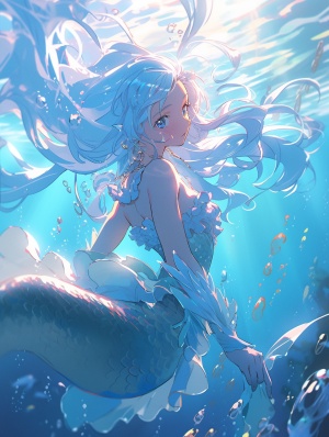 水下摄影中的美人鱼，浅蓝色的头发，蓝色鱼尾低角度，阳光，32k，超高清画质