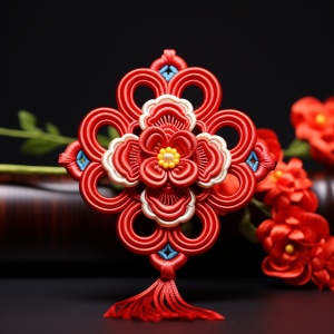 中国结：五彩缤纷、细腻精致、红色主色调、精巧编织、流畅的结构、祥和吉祥、中国传统文化的象征、承载着爱情和友谊的象征、中国传统风格、花纹错落有致、线条流畅、独特的造型、寓意美好的礼物、文艺氛围、饱满的艺术感、历史悠久、线索交叉、传统工艺的结晶、红色丝线、技艺高超、工艺繁琐精细、精美的纹饰、民俗风情、完美的几何形状、繁花似锦、独特的装饰品、对称美、传统节日中的常见元素。