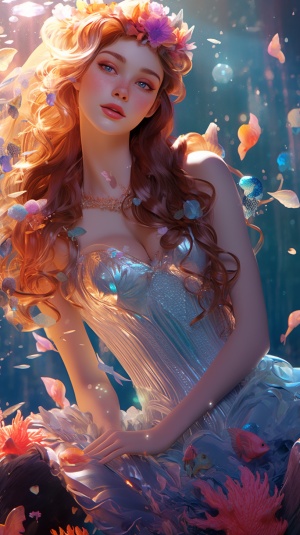 美若天仙的美人鱼公主，海底世界，贝壳，海藻，拟人，闪闪发光，梦幻般绚丽多彩，高清8k