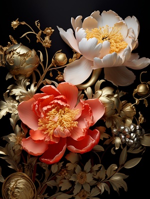 Peonies in full bloom,gold coil style,Chinese New Year atmospherear3:4stylize750v6.0