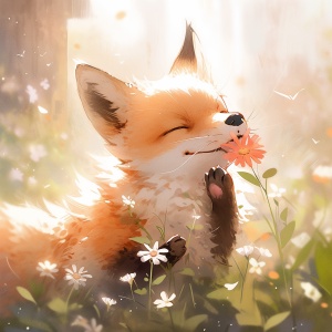 超细节渲染的可爱狐狸与花卉的8K卡通印象派