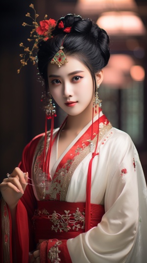 中国古风美少女穿红汉服，宫殿背景下展现绝美妆容