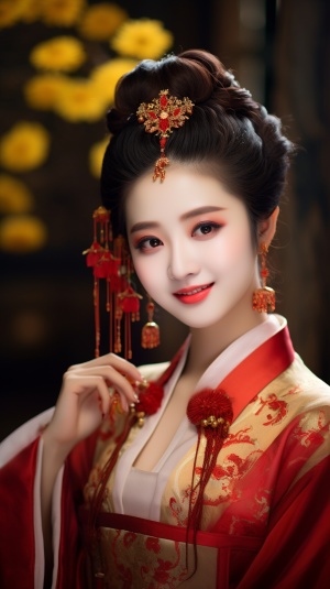 中国古风美少女穿红汉服，宫殿背景下展现绝美妆容