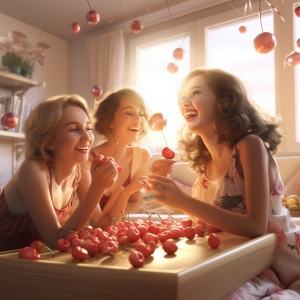 3个女孩在一起在房间里吃车厘子，开心的画面，鲜明的色彩，活跃的光线，可爱梦幻，三维模型，迪士尼风格