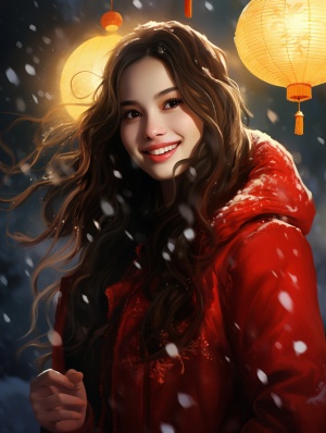 新年明媚笑容，红色衣服，在雪地下的灯笼