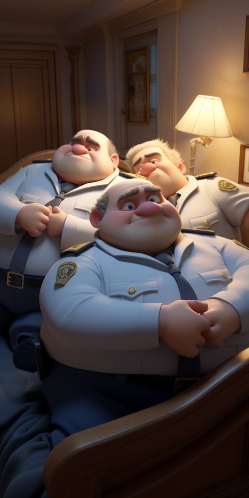 三个180斤胖老头警官，标准八字白胡子，身穿白制服，黑皮鞋，正在床上睡觉，嘴巴微张，全身，俯视视角，超真实，超高清，8K。