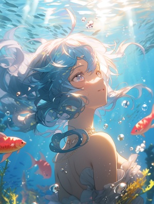 水下摄影中的美人鱼，浅蓝色的头发，蓝色鱼尾低角度，阳光，32k，超高清画质