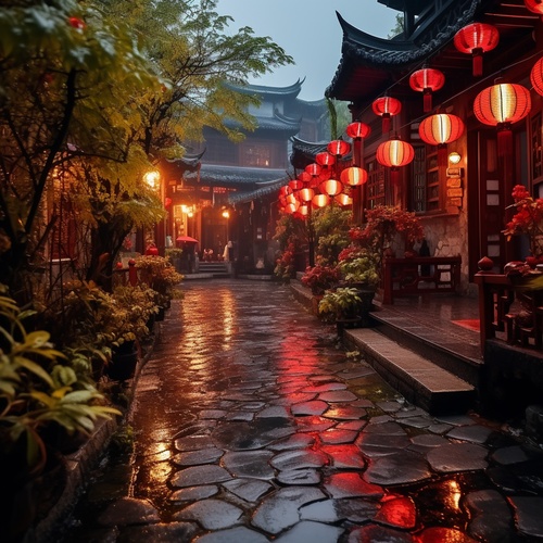 中国红，超级广角，红色灯笼，乡村，传统建筑，瓷器，雨水，精致的花朵风格，32k高清，梦幻般的氛围，彩色人行道场景