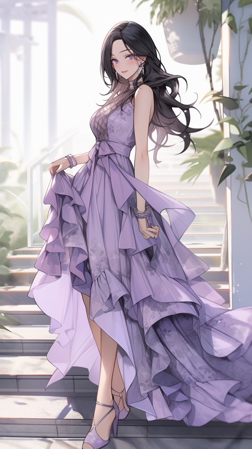 中国现代美女，黑色及腰长发，淡紫色长裙，白色高跟鞋，美丽的大眼睛， 面带微笑，现代花园背景，全身像，高清画质