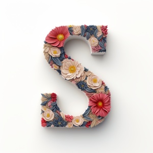Handwritten Alphabet Letter S with Knitted Yarn and Peony Flower on White Background