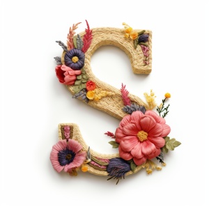 Handwritten Alphabet Letter S with Knitted Yarn and Peony Flower on White Background