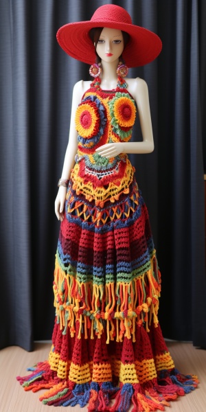 undefined crochet short knitting works, retro national headdress whole body national wind skirt beautiful face, colorful, full body photos, creative v 6.0ar 1:1