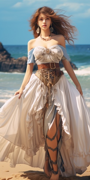 波西米亚民族风沙滩裙美女模特，海边高清8k