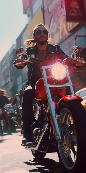 朋克摇机车另类前卫时尚炸街男女，q骑着摩托车奔跑在美国街头，高清8k