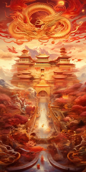 古代春节: 宏伟大气，金光飘逸的建筑与喜庆龙