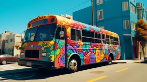 美国街头涂鸦大巴士在行驶，天空万里无云，高清8k