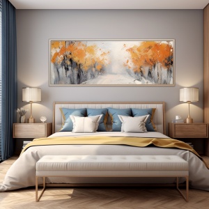 一个充满艺术气息的卧室，墙上挂着艺术壁挂及艺术装饰画，色彩温馨淡雅，高清8k