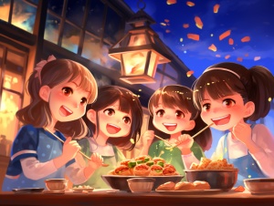 男孩女孩一起海底捞吃火锅日常，在吃火锅，在举杯，宫崎骏风格，明亮的灯光，美丽的餐厅，写真风格