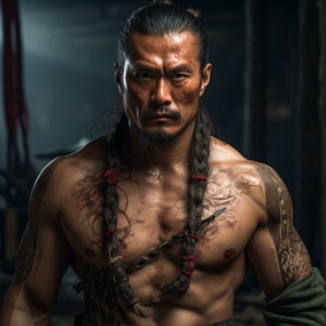 亚洲男性战士，上身肌肉，国字脸，握刀，明代，超高清，16k