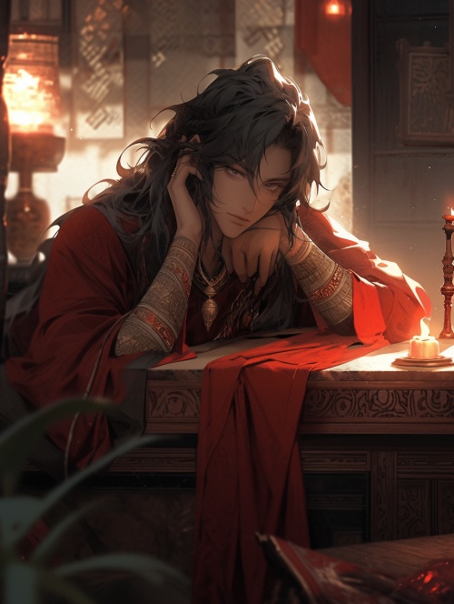 中国古代明代风格，古色古香的房间内，一名红衣美男躺在床上，黑色微卷的长发，碧绿色的眼眸，衣衫半解，柔和的烛光，气氛暧昧