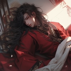 中国古代明代风格，古色古香的房间内，一名红衣美男衣衫半解的躺在床上，碧绿色的眼眸，黑色微卷的长发，自然柔和的烛光，气氛暧昧