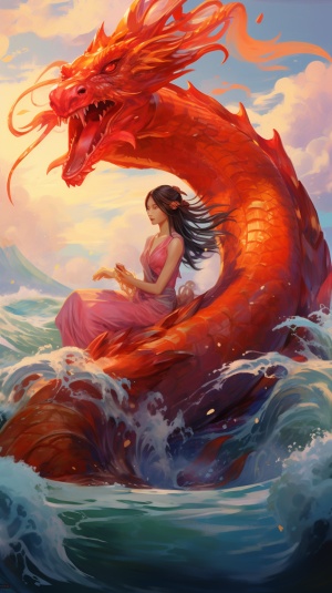 一个女人坐在大海上，一边是一条大红色的龙，在错综复杂的海底世界的风格中，杰西卡·德罗辛，徐悲鸿，五颜六色的曲线，五颜六色的人物，逼真的调色板，迪玛·德米特里耶夫