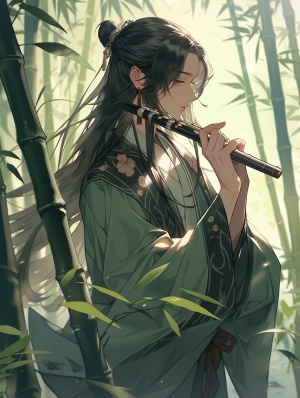 中国古代男子，身穿青衣，面容俊朗，阳光明媚，笛子，在竹林中，衣袖飞扬，翠绿竹叶飘落，远景