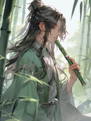 中国古代男子，身穿青衣，面容俊朗，阳光明媚，笛子，在竹林中，衣袖飞扬，翠绿竹叶飘落，远景