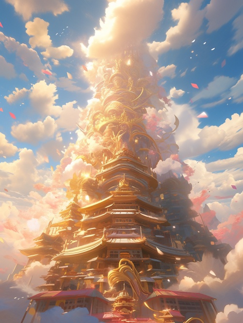 如来佛祖，绿野仙踪，长长阶梯，中国禅宗，庙宇高塔，仰视，发光，金色光芒，云雾缭绕，仙境，3D渲染，超高清画质