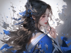 长发蓝色服装的中国女孩在黑暗浪漫插图中展现童话学术界