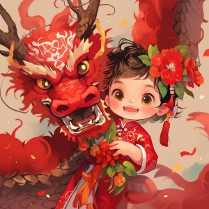 中国龙年：红色龙与小女孩的笑容