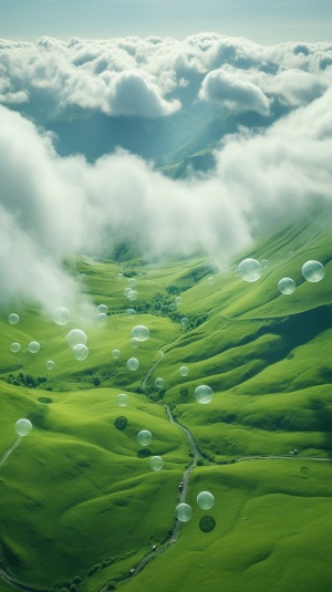 https:s.mj.runo26wXZJo5_U a large cloud is hanging over grassy valleys, in the style of mesmerizing optical illusions, 32k uhd, i can't believe how beautiful this is, bubble goth, aerial photography, swiss style, ar 9:16