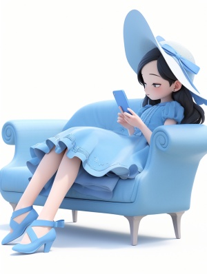 小女孩角色,躺在沙发玩手机姿势,流行插画风格,简单可爱,3岁女孩,干净的白色背景,蓝色鞋子,蓝色连衣裙,浅蓝色帽子,黑色长发,无轮廓,粘土,OC渲染,3D C4D ar 1:1 q 2 s 100 niji 5 【高清增强】