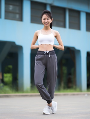 中国短发美女穿瑜伽服露微笑全身站立照片