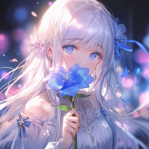 Luminous Dream: Anime Girl with White Hair and Flower