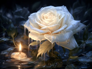 水晶白玫瑰，烛光，夜晚，诗情画意