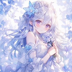 an anime girl with long white hair holding a flower, in the style of luminous and dreamlike scenes, 32k uhd, nightcore, violet and cyan, arthur wardle, emotional sensitivity, gentle smile, beautiful dress top, snow, made of crystals niji 5 s 500,hd