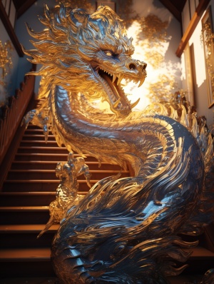 Extreme panoramic view, extreme bottom view, a glittering golden dragon around the house::2, cyberpunk, sculpture, glass texture, surreal fluid, futuristic, c4d, OC, strong airflow impact, dreamlike meaning, shining blue magic light.Strong light, fluid color combination. Surrealdetails, 8k,ar 16:9$ 400nji 5