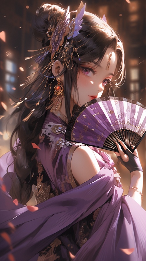 中国古代美女，身穿紫色和金色衣服，中国古风衣服，面容精致，忧郁，手拿扇子，闪光，赛博朋克背景
